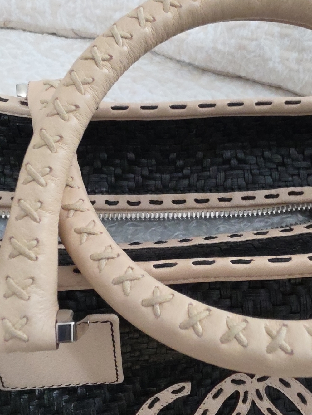 Leather-Trim Woven Satchel Bag - Black & Beige - Picture 16 of 16
